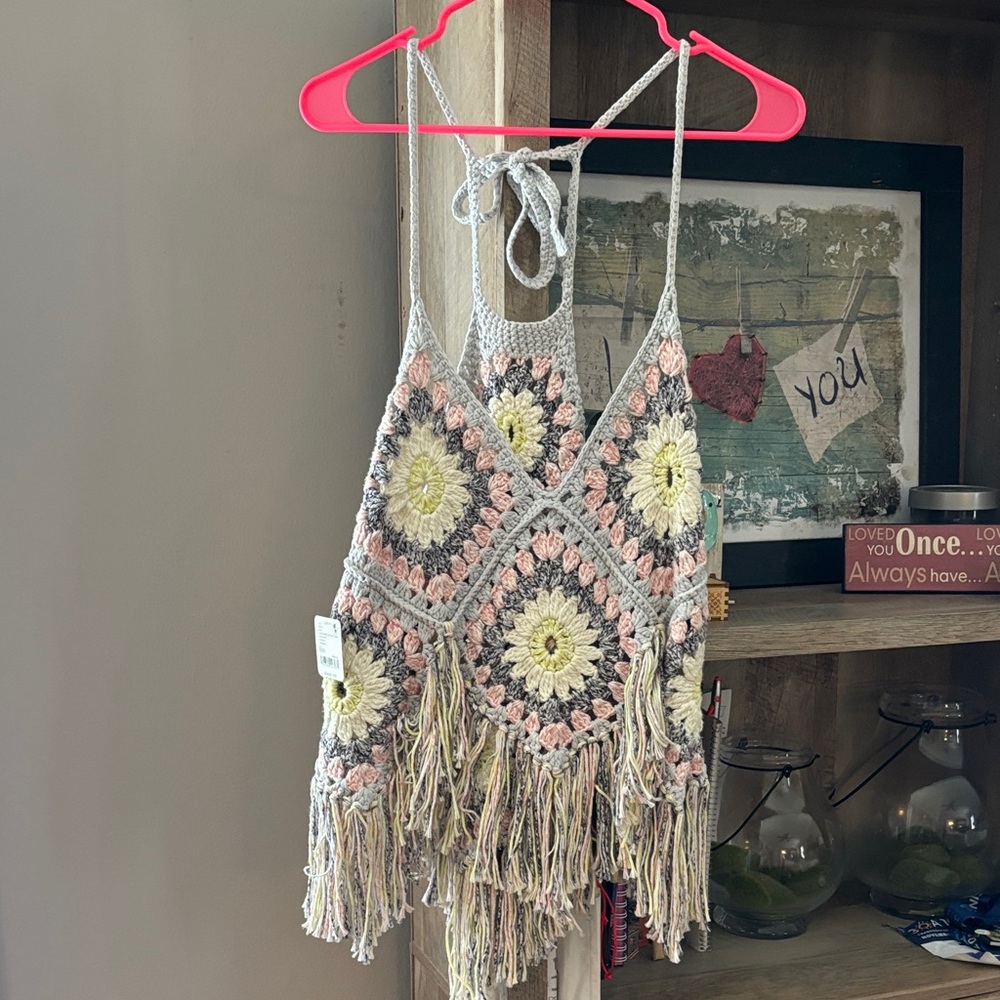 Free People Crochet Fringe Tank Top - Pink, Yellow & Gray. NWT